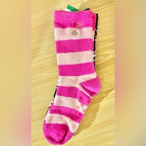 Kate Spade 2 Piece Set Gripper Slipper Crew Home Socks Black Pink Striped OS NWT